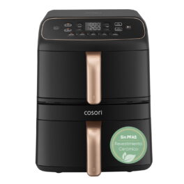 Freidora de aire - Cosori Turbo Tower Compact, Doble cesta, 8.6 l, 2630 W, 230 °C, Revestimiento cerámico Premium, Negro