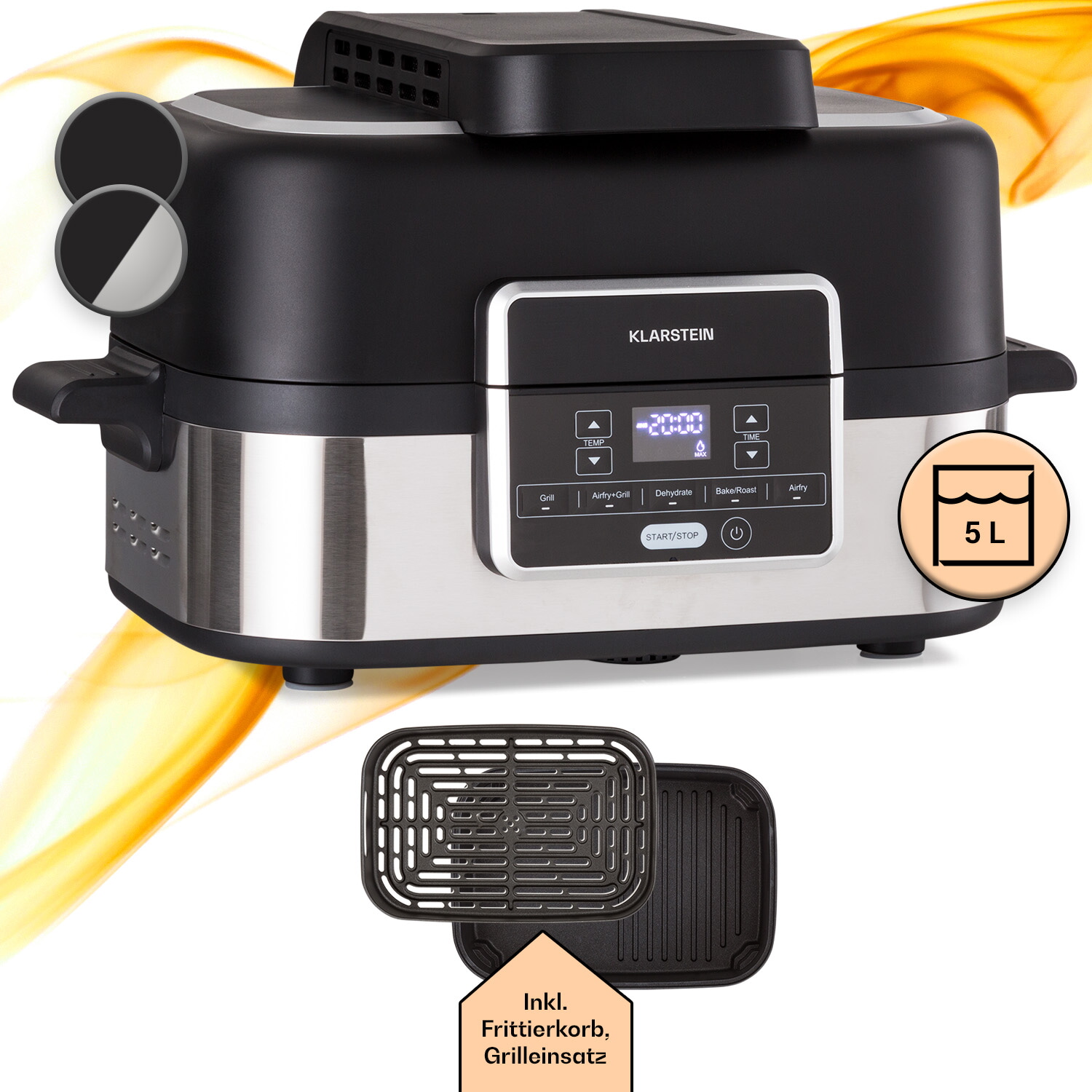 Freidora de aire - KLARSTEIN Combo Air Grill, 1500 W, 2,5 l, Negro, Acero inoxidable