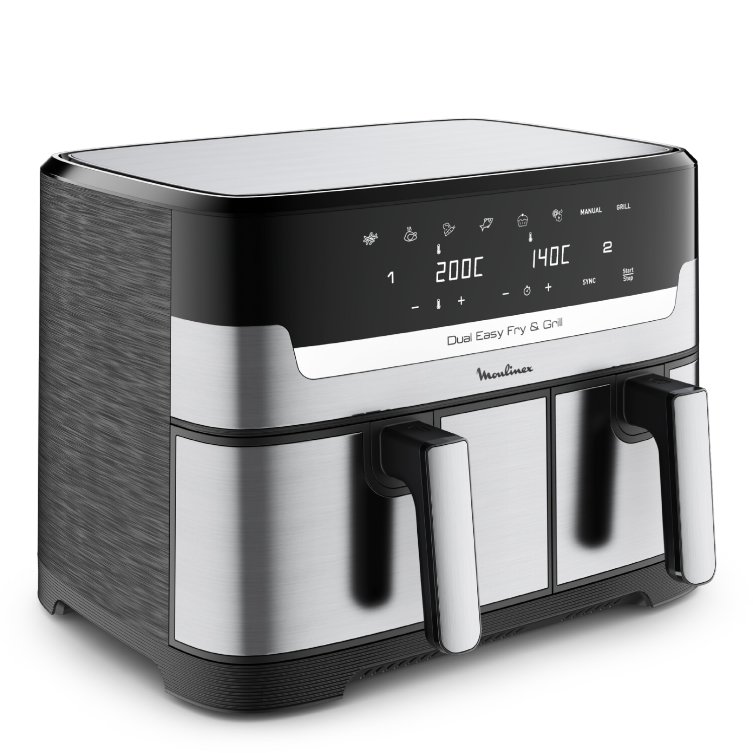 Freidora de aire - Moulinex Dual Fry & Grill EZ905D, Cocinado Dual, 2700 W, 8.3 L, 2 Cubetas, 200 °C, Tecnología Extra-Crisp, 8 Modos, Táctil, Inox