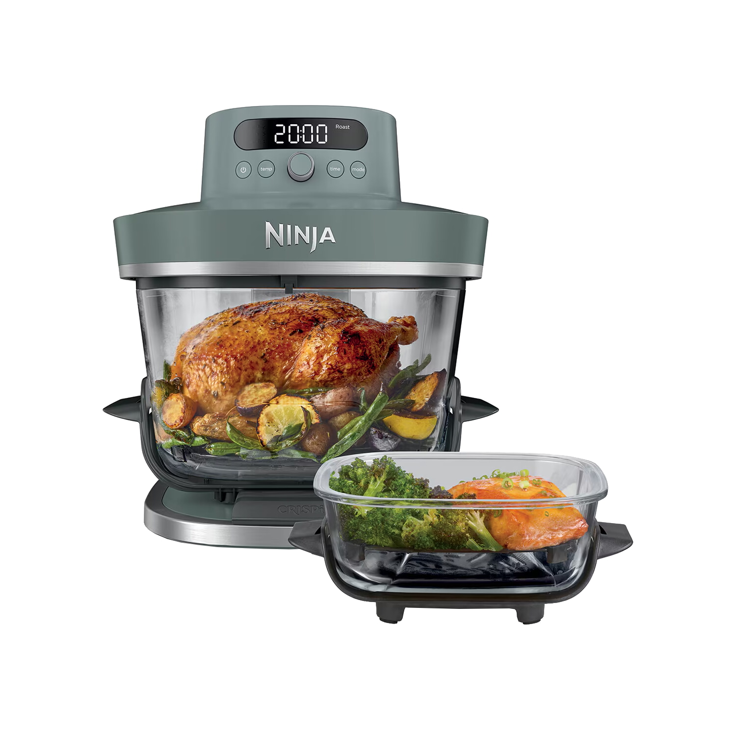 Freidora de aire - Ninja Crispi Pro XL Glass, 5.7 l, 2050 W, Hasta 230 °C, 7 programas, 2 recipientes de cristal, Diseño portátil, Gris ceniza