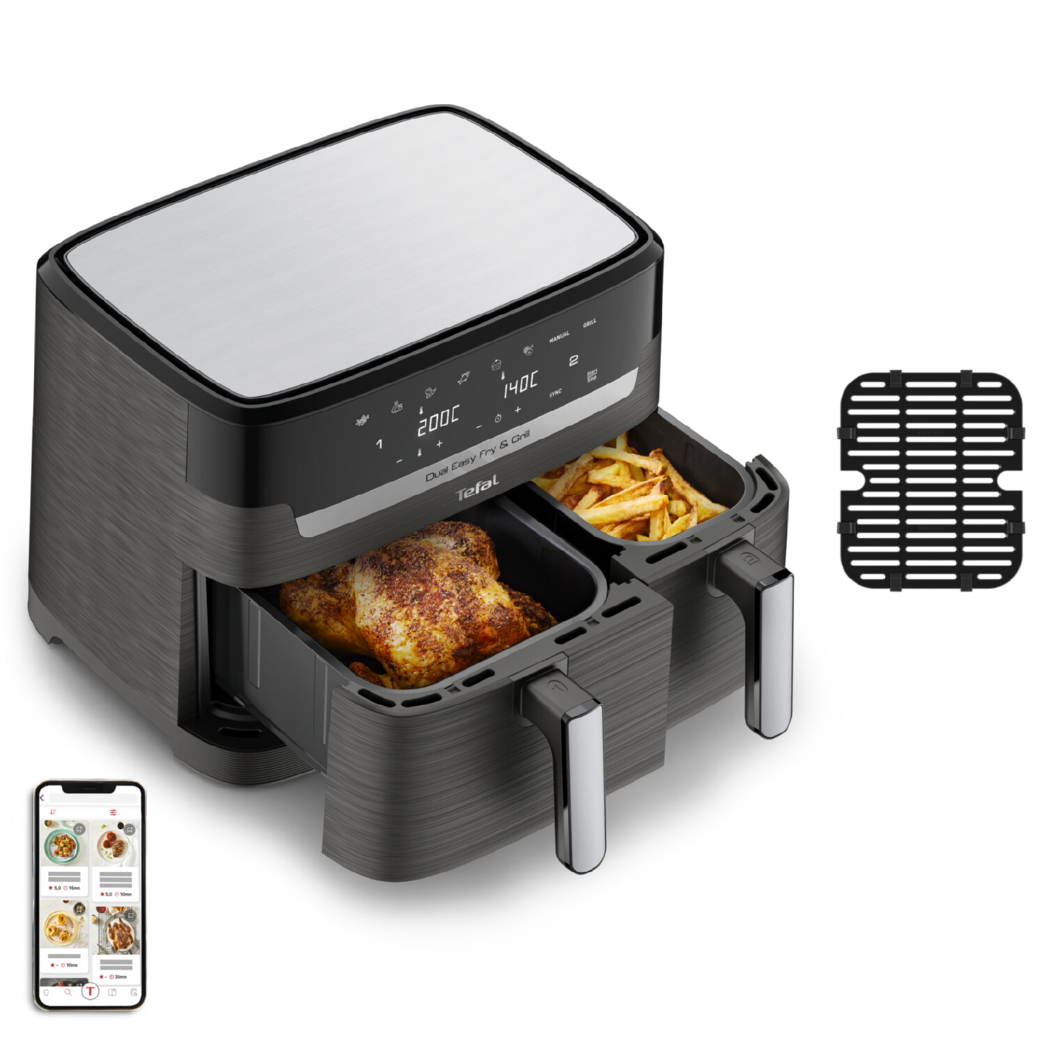 Freidora de aire - TEFAL Dual Easy Fry & Grill EY905B, 2700 W, 8,3 l, Gris