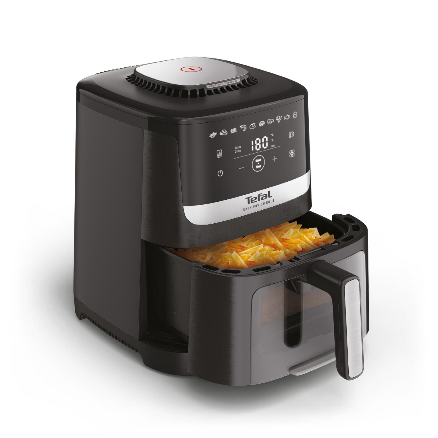 Freidora de aire - TEFAL Easy Fry Silence EY5568E0, 1670 W, 5 l, Negro, Acero inoxidable