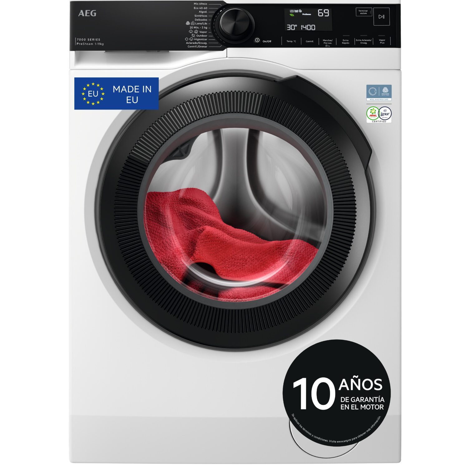 Lavadora carga frontal - AEG LFSR7304L4BP, 11 kg, 1400 rpm, 12 programas, Programa Higiene con vapor, Cajón extra largo, Blanco