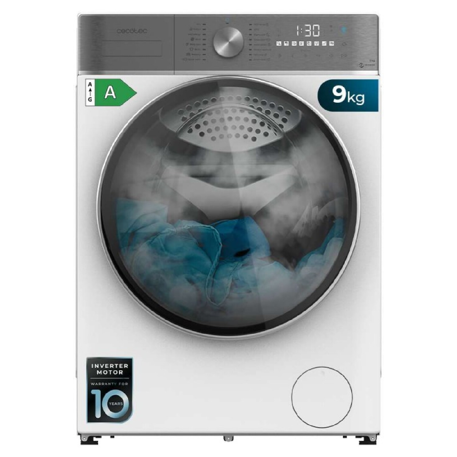 Lavadora carga frontal - CECOTEC 2766 BOLERO DRESSCODE 9800 INVERTER A, 9 kg, 1400 rpm, 16 programas, Blanco