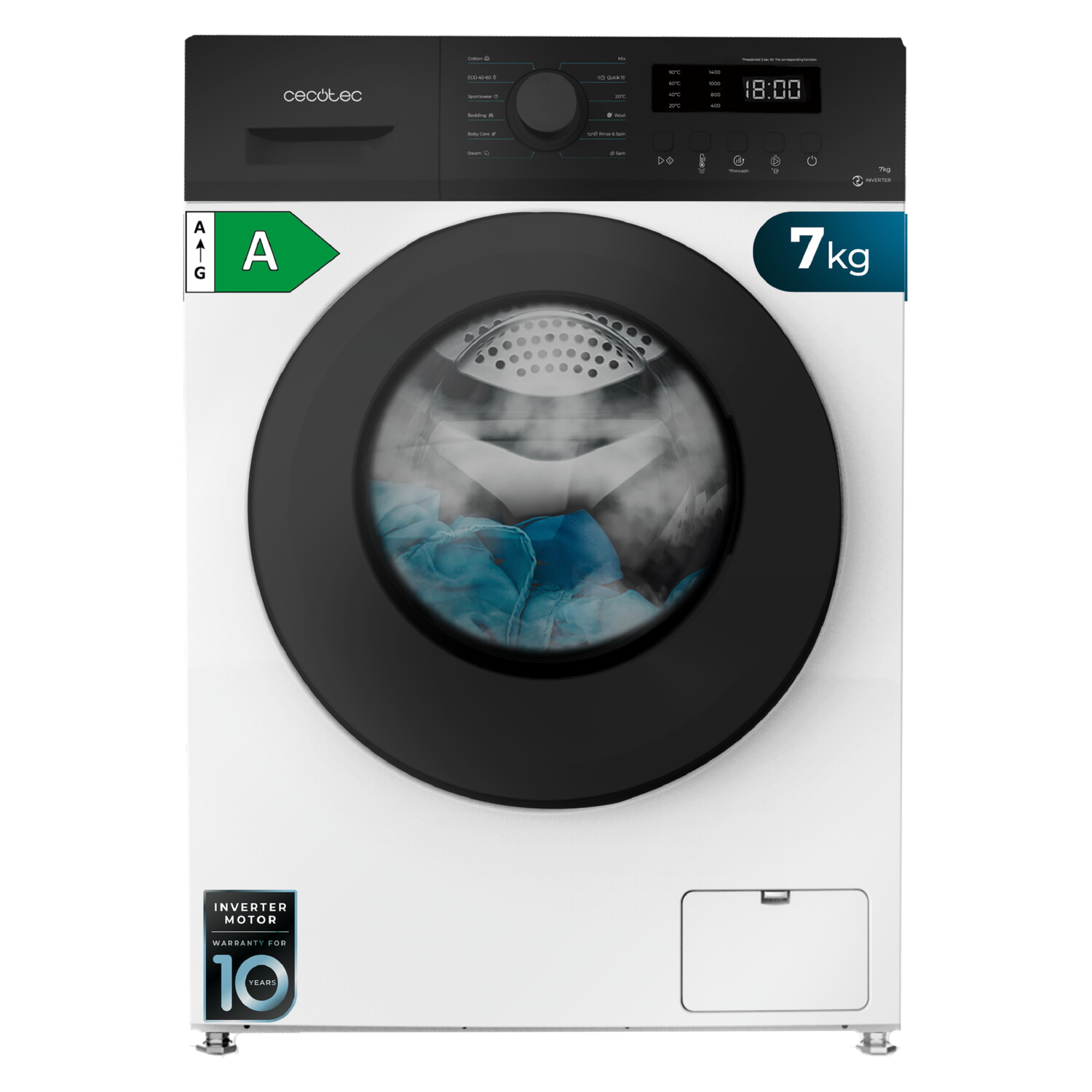 Lavadora carga frontal - Cecotec Bolero DressCode 7150 Inverter A, Capacidad 7 kg, 1400 rpm, 12 programas, Inverter Plus, SteamMax, White