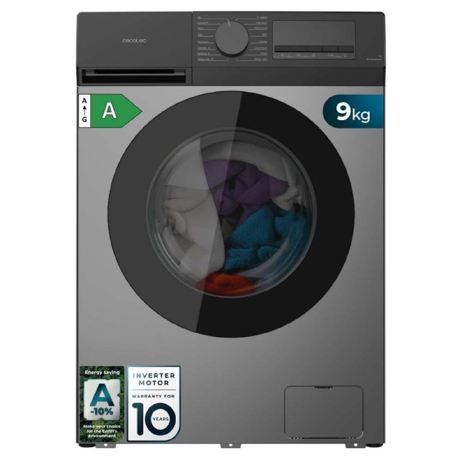 Lavadora carga frontal - CECOTEC Bolero DressCode 9450 Inverter Steel, 9 kg, Gris