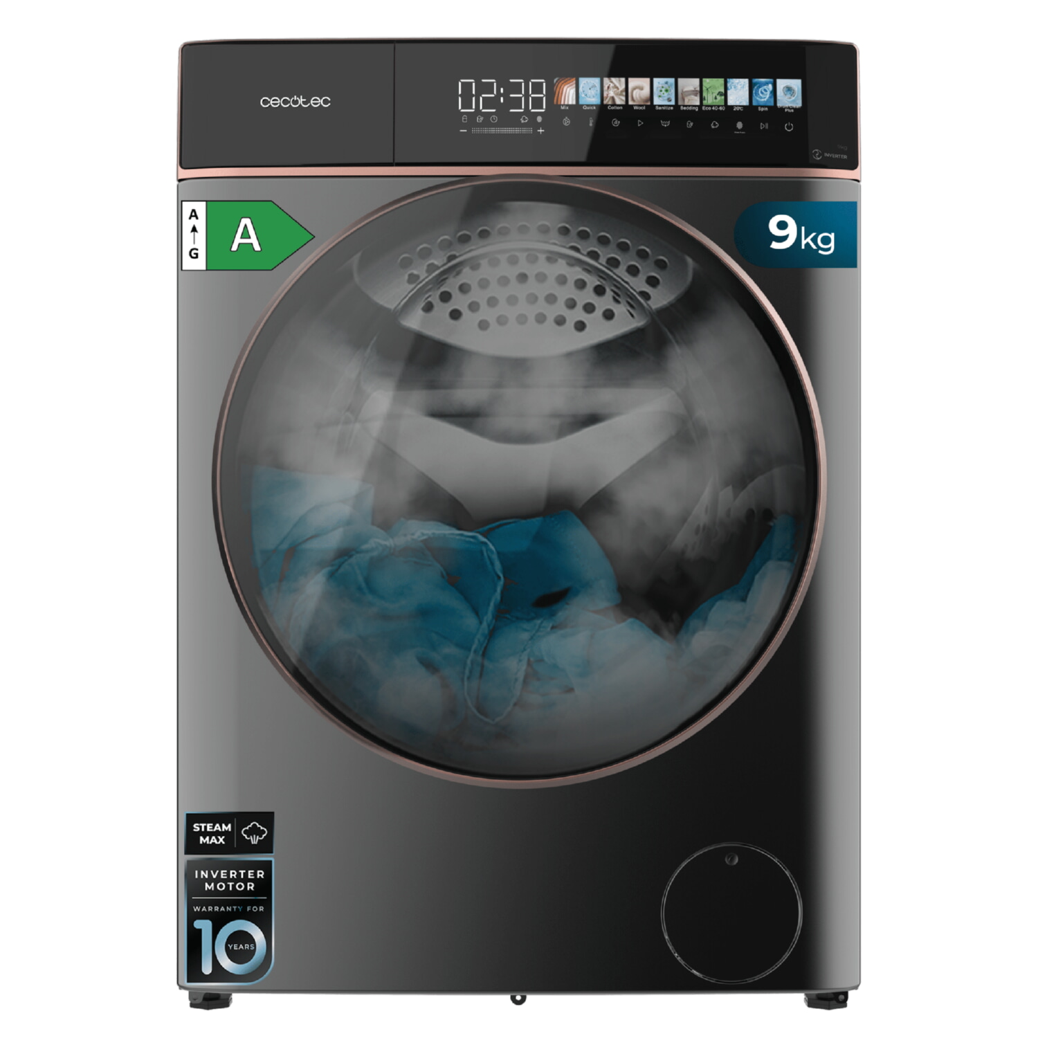Lavadora carga frontal - Cecotec Bolero DressCode 9900 Inverter FullColor, 9 kg, 1400 rpm, Motor Inverter Plus, Pantalla, SteamMax, OnSmart, Gris
