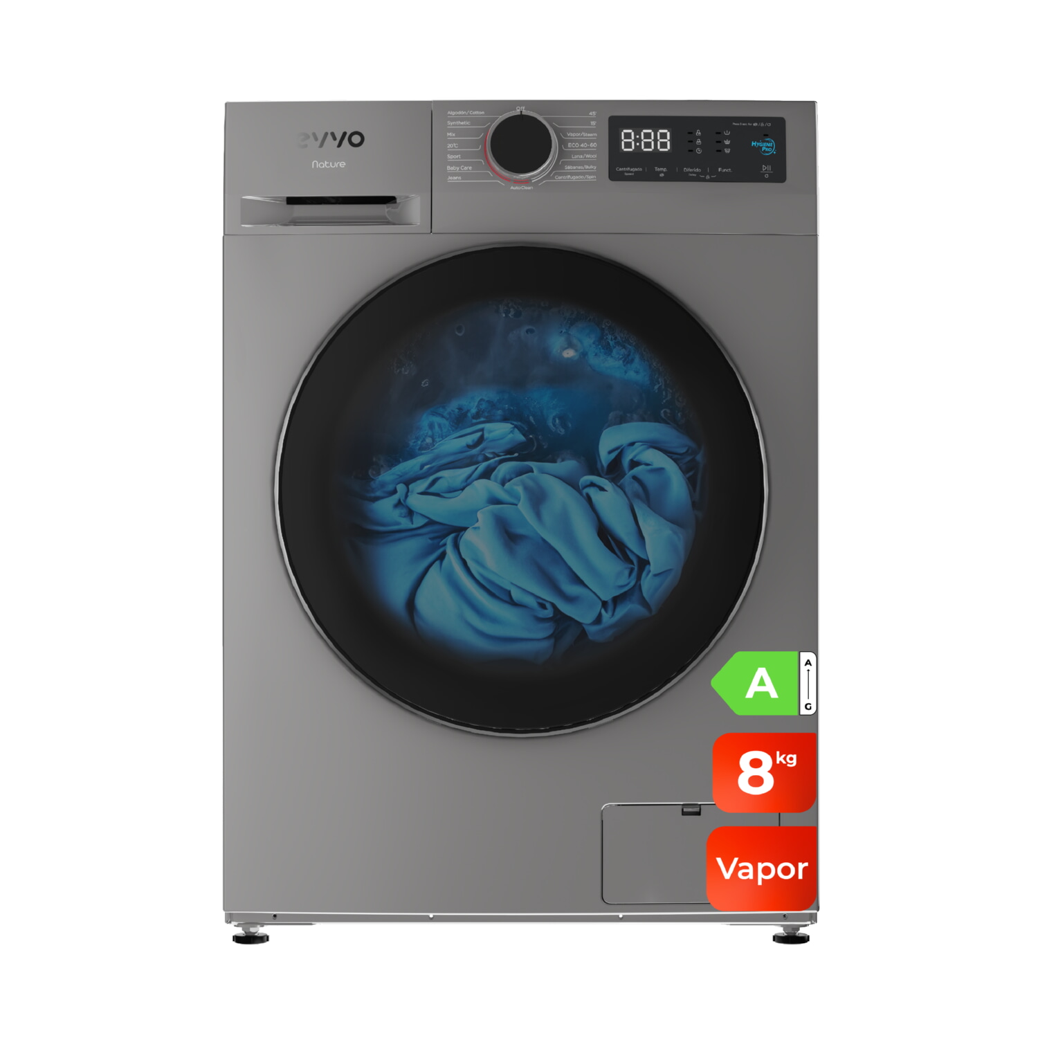 Lavadora carga frontal - EVVO Nature 8X, 8 kg, 15 programas, Inox