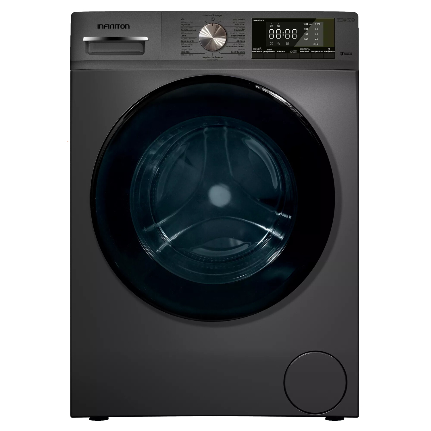 Lavadora carga frontal - Infiniton WM-S72ADX, 7 kg, 1200rpm, 15 Programas, Inverter, Antialérgenos, Dark Inox