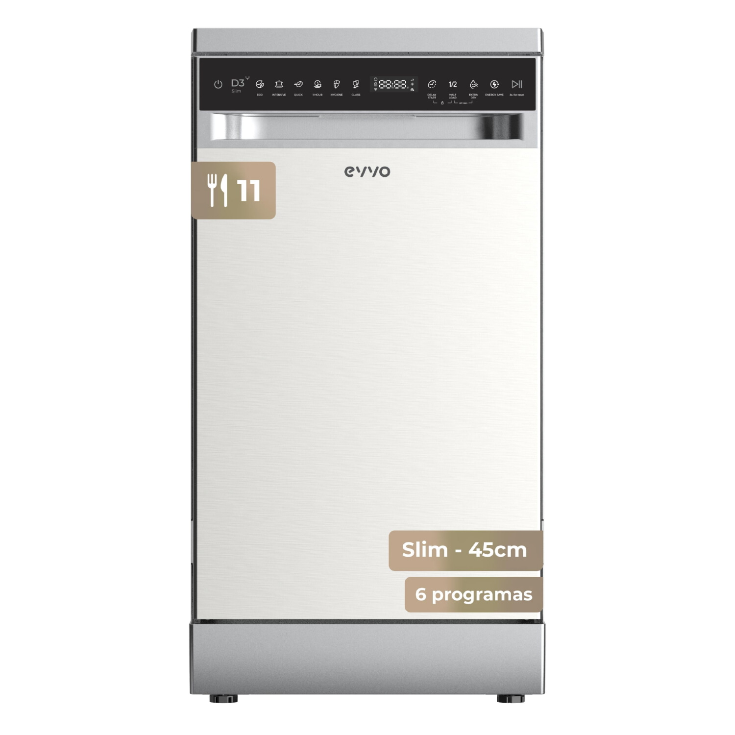 Lavavajillas libre instalación 45 cm - EVVO D3YX Slim, 6 programas, 450 mm, Inox