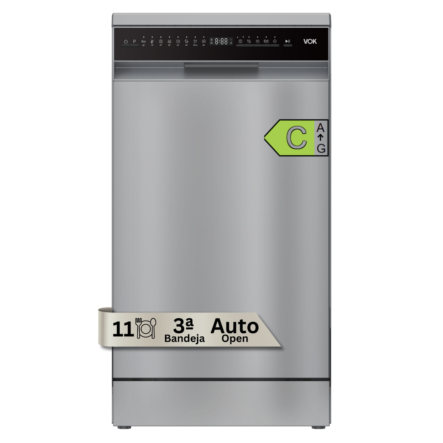 Lavavajillas libre instalación 45 cm - VOK EVD-11FCSAD, 11 servicios, 8 programas, 45 cm, Silver