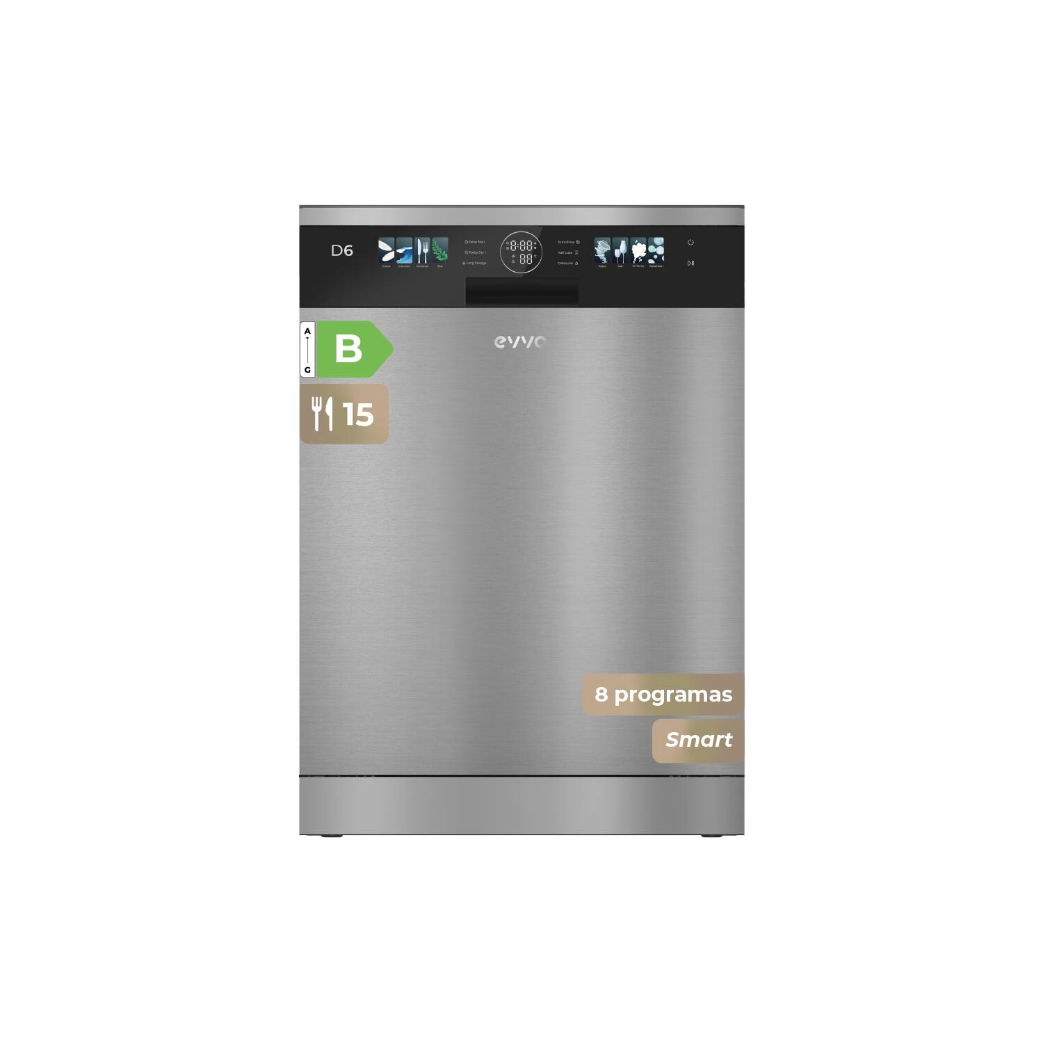 Lavavajillas libre instalación 60 cm - EVVO D6X, 8 programas, 598 mm, Inox