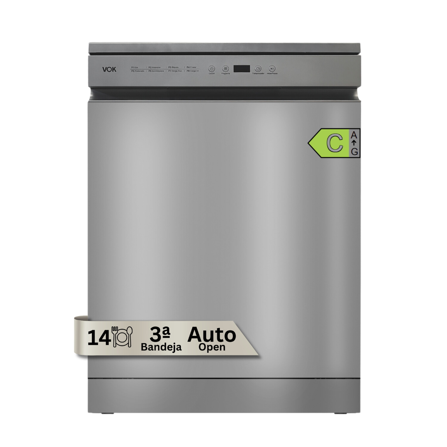 Lavavajillas libre instalación 60 cm - VOK EVD-14FCSADN, 14 servicios, 8 programas, 60 cm, Inox
