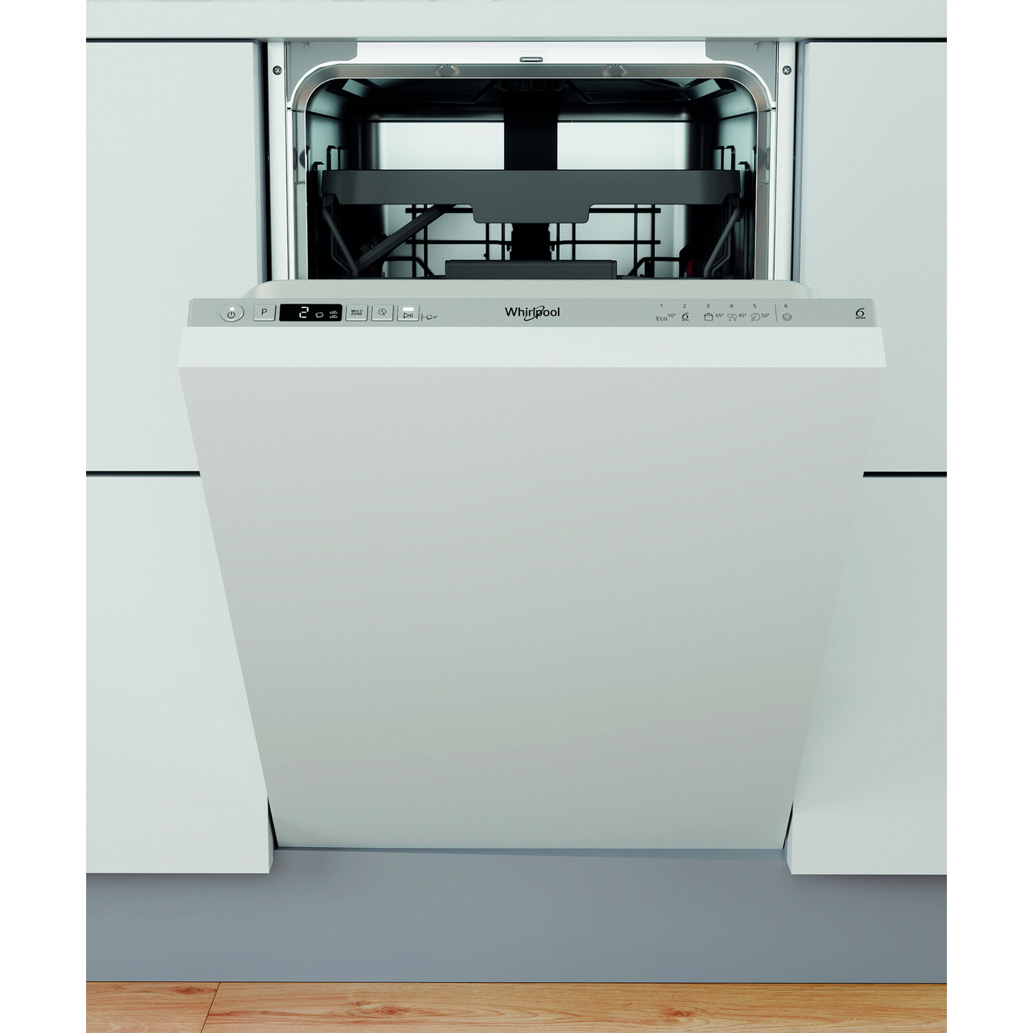 Lavavajillas integrable - Whirlpool WSIC 3M27 C, 10 servicios, 5 programas, 44.8 cm de ancho, FlexiSpace, Tecnología 6th SENSE, Sin panelar