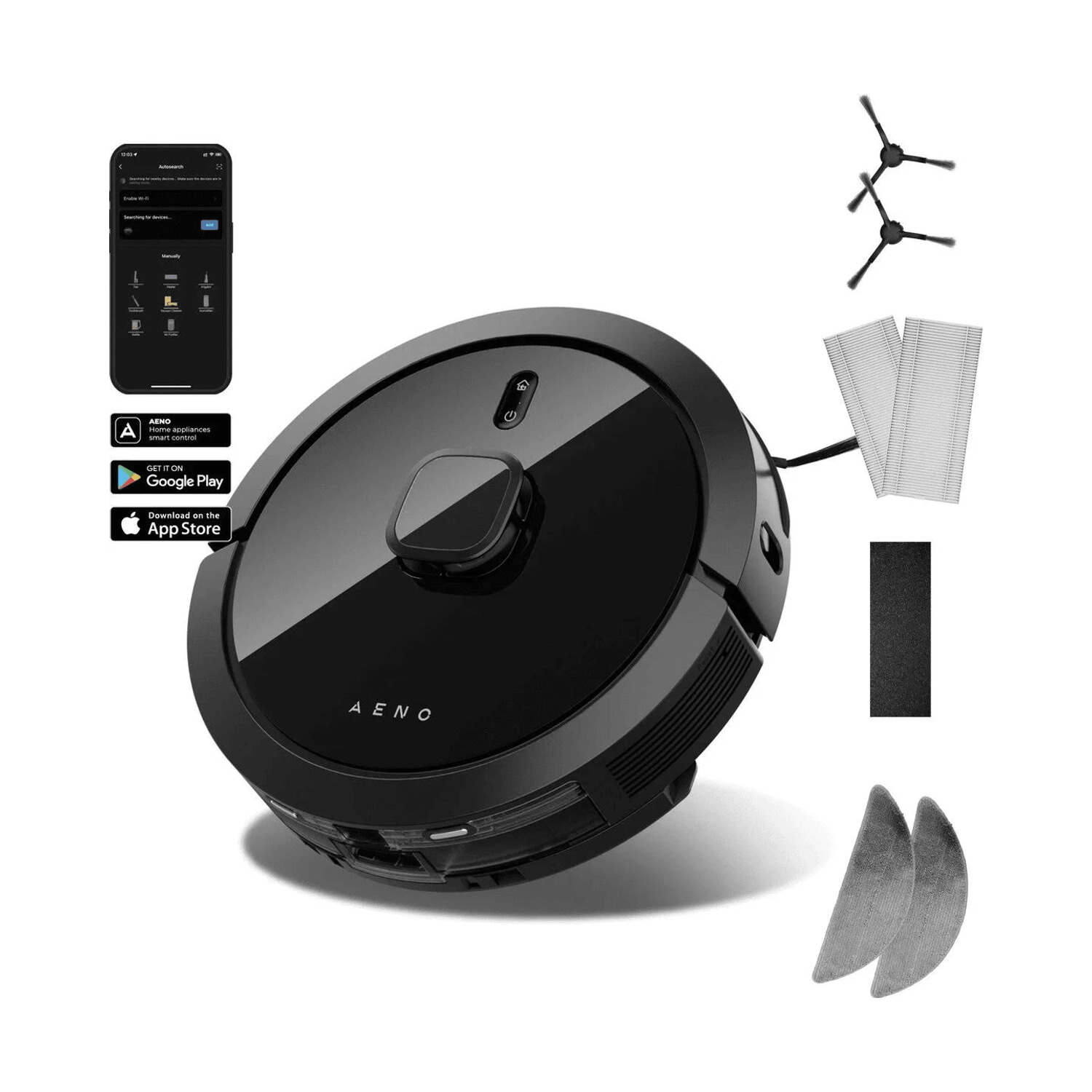 Robot aspirador - AENO RC7S, 200 W, Potencia de succión 4000 Pa, Depósito 0,30 l, Autonomía 250 min, Negro