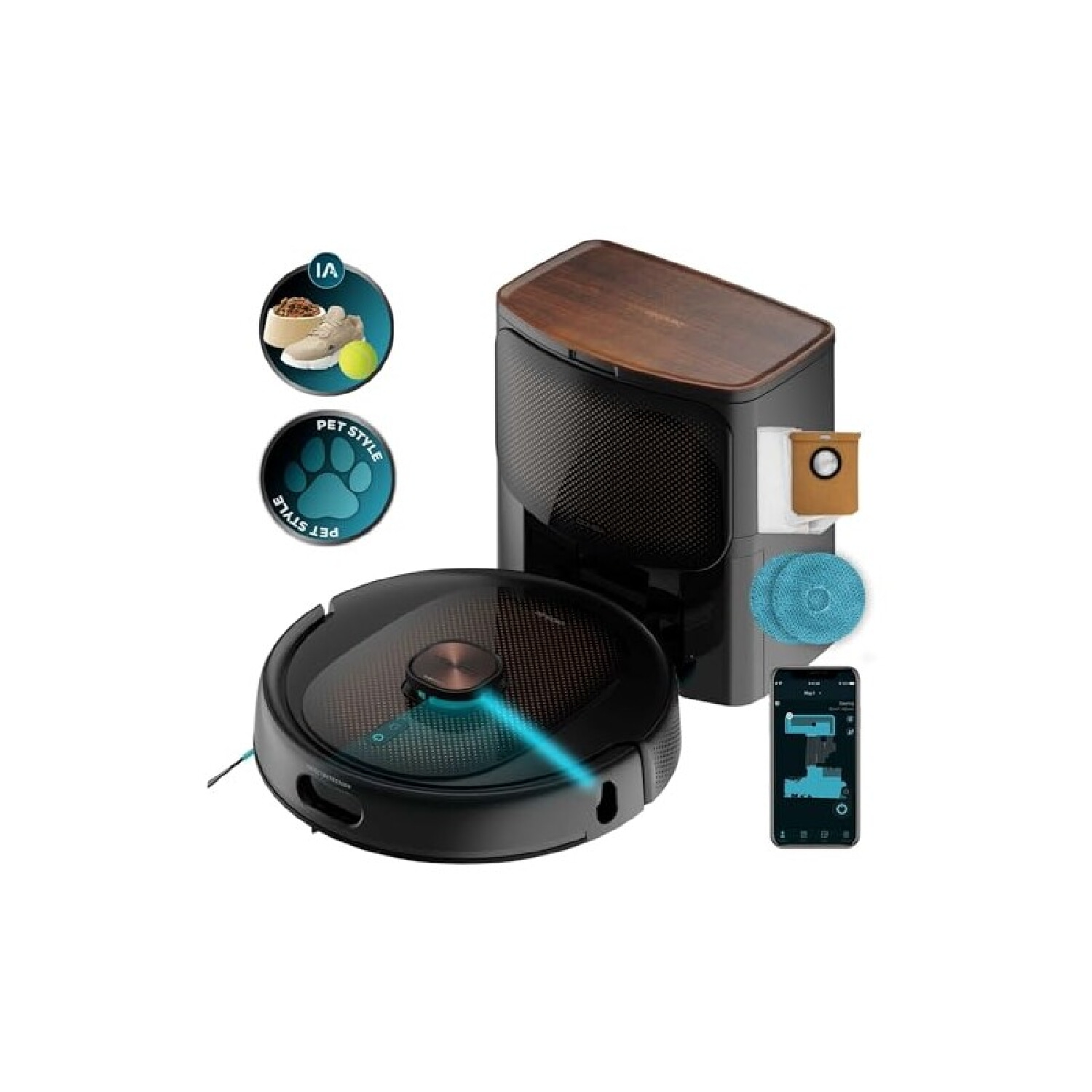 Robot aspirador - CECOTEC 100841 CONGA 10090 AI SPIN REVOLUTION ULTRA POWER, 1900 W, Potencia de succión 10 kPa, Depósito 3 l, Autonomía 120 min, Negro