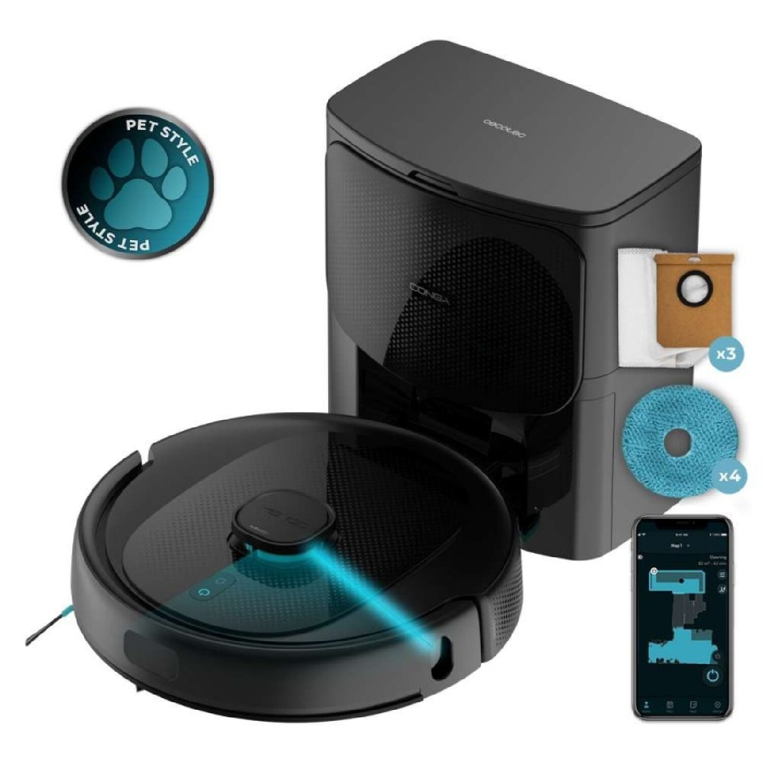Robot aspirador - CECOTEC Conga 9590 Spin Revolution Ultra Power Home, 680 W, Depósito 500 ml, Autonomía 120 min, Negro