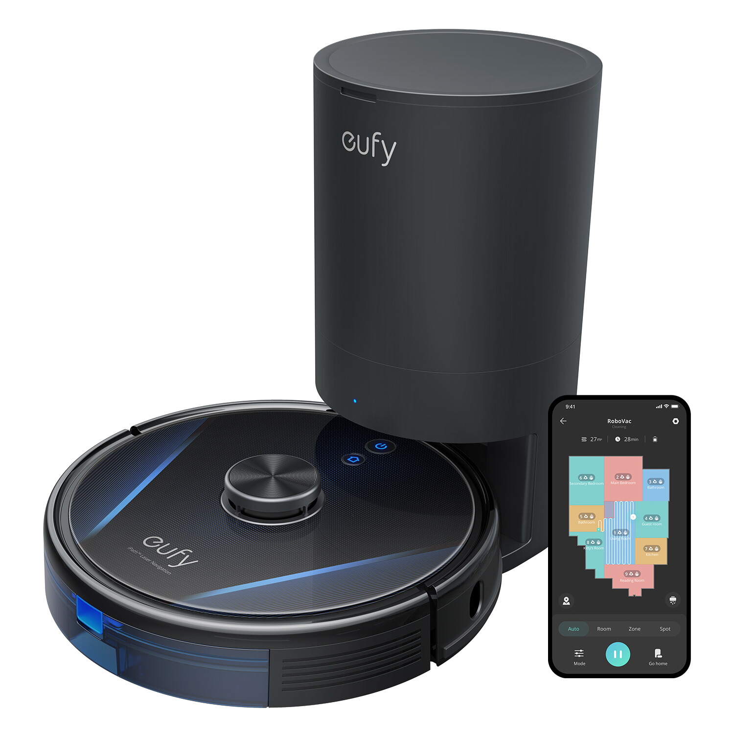 Robot aspirador - EUFY RoboVac LR30 Hybrid+, 14,4 V, Potencia de succión 3000 kPa, Depósito 0,2 l, Autonomía 145 min, Negro