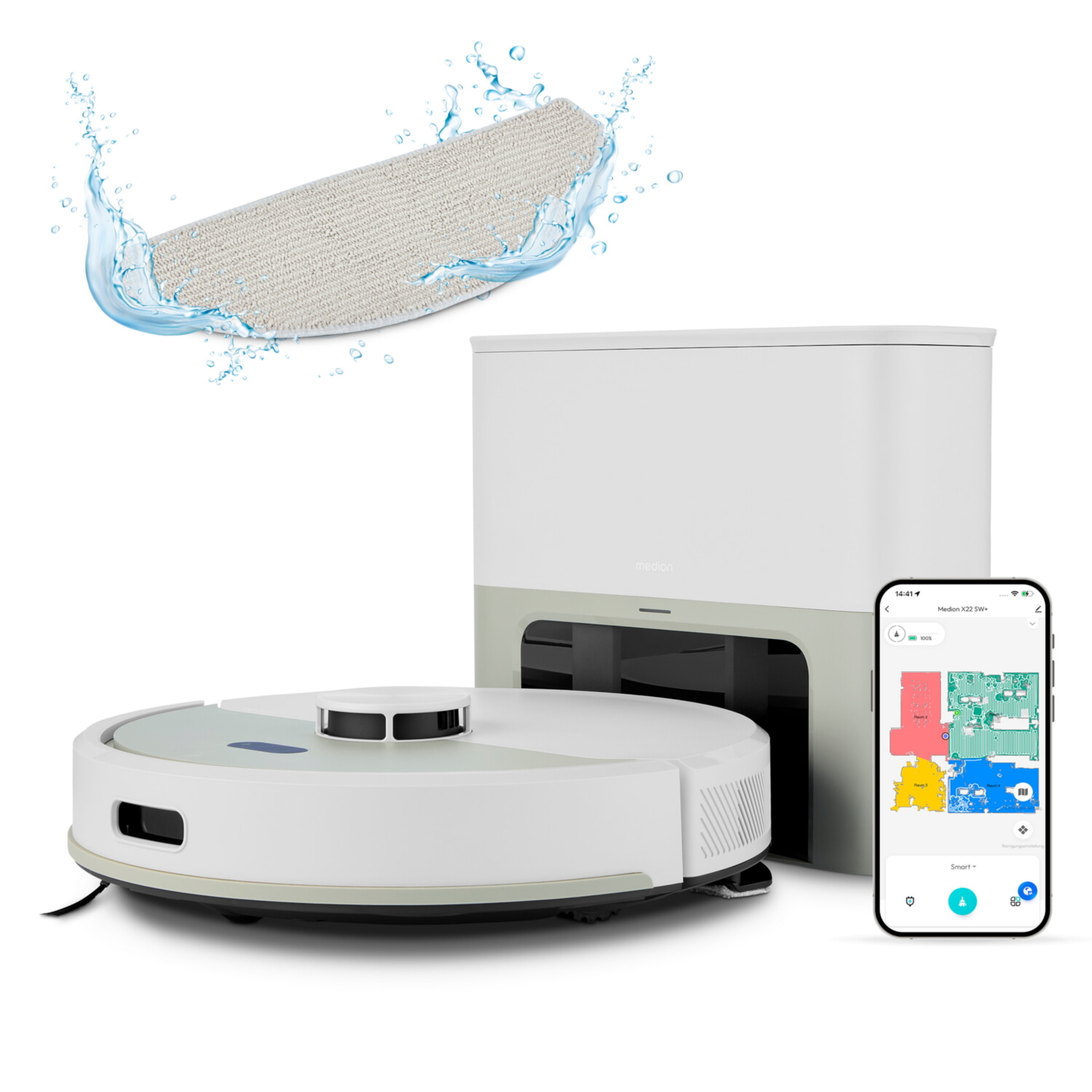 Robot aspirador - MEDION 50079202A1, 0 W, Potencia de succión 5000 Pa, Depósito 250 ml, Autonomía 180 min, Blanco