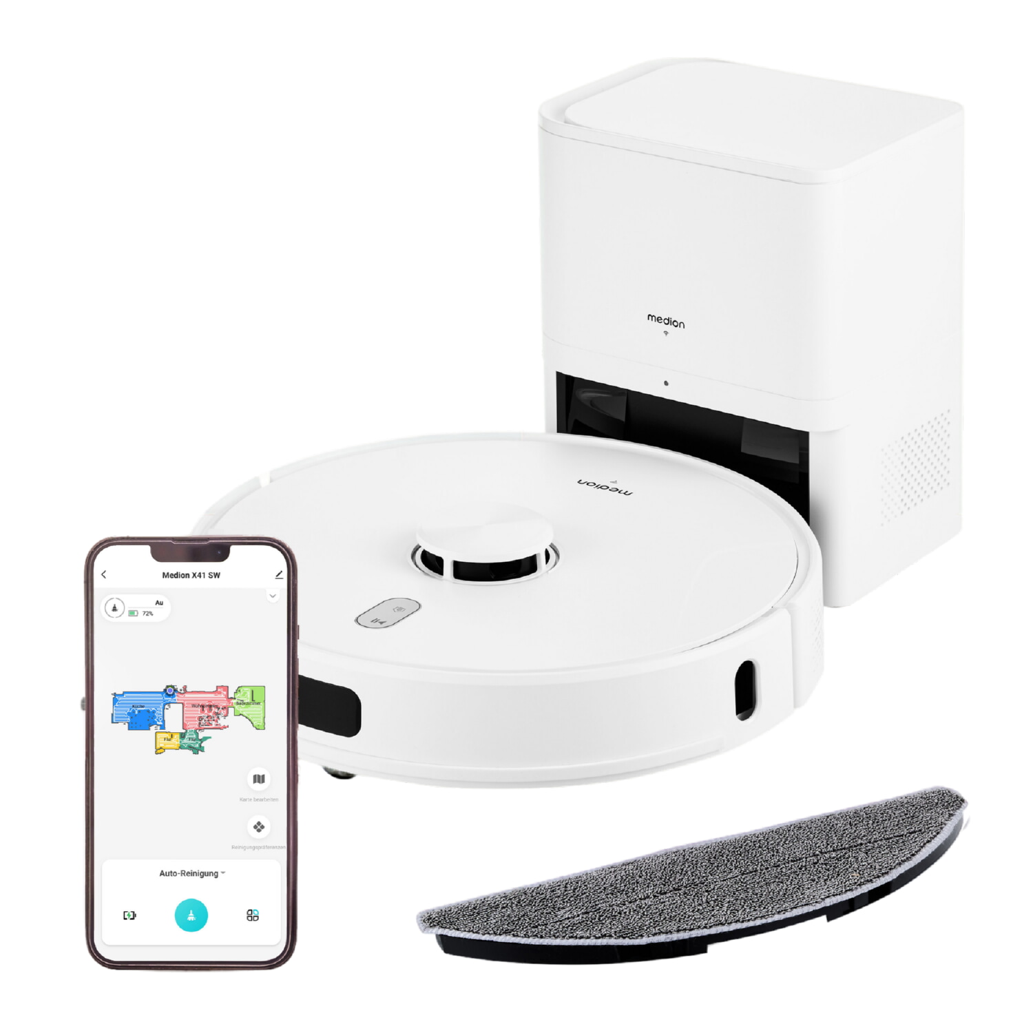 Robot aspirador - MEDION X41 SW+, Potencia de succión 8000 kPa, Depósito 0,3 l, Autonomía 240 min, Blanco