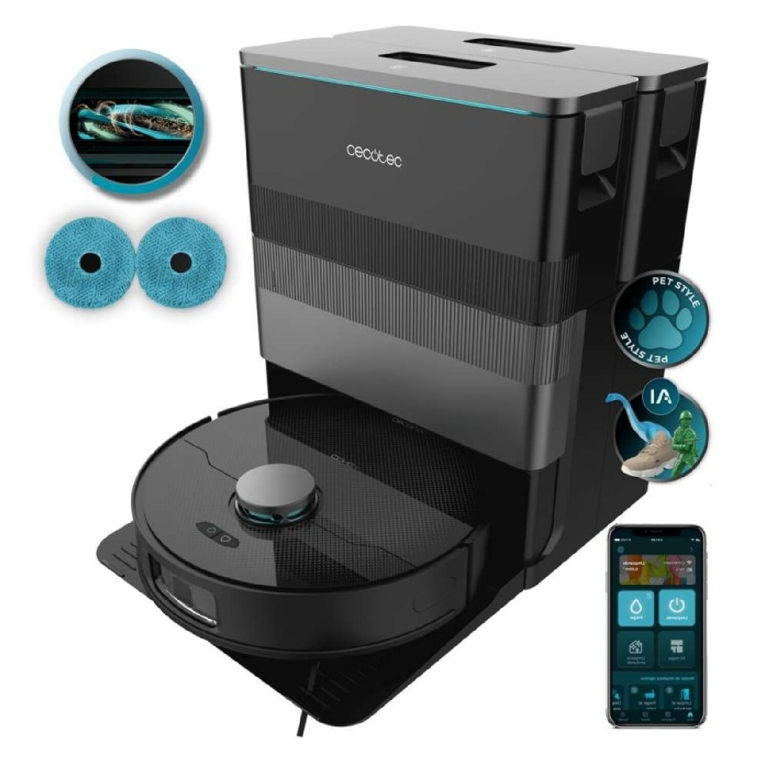 Robot friegasuelos - CECOTEC Conga X70, 50 W, Potencia de succión 15000 kPa, Depósito 2,5 l, Autonomía 240 min, Negro