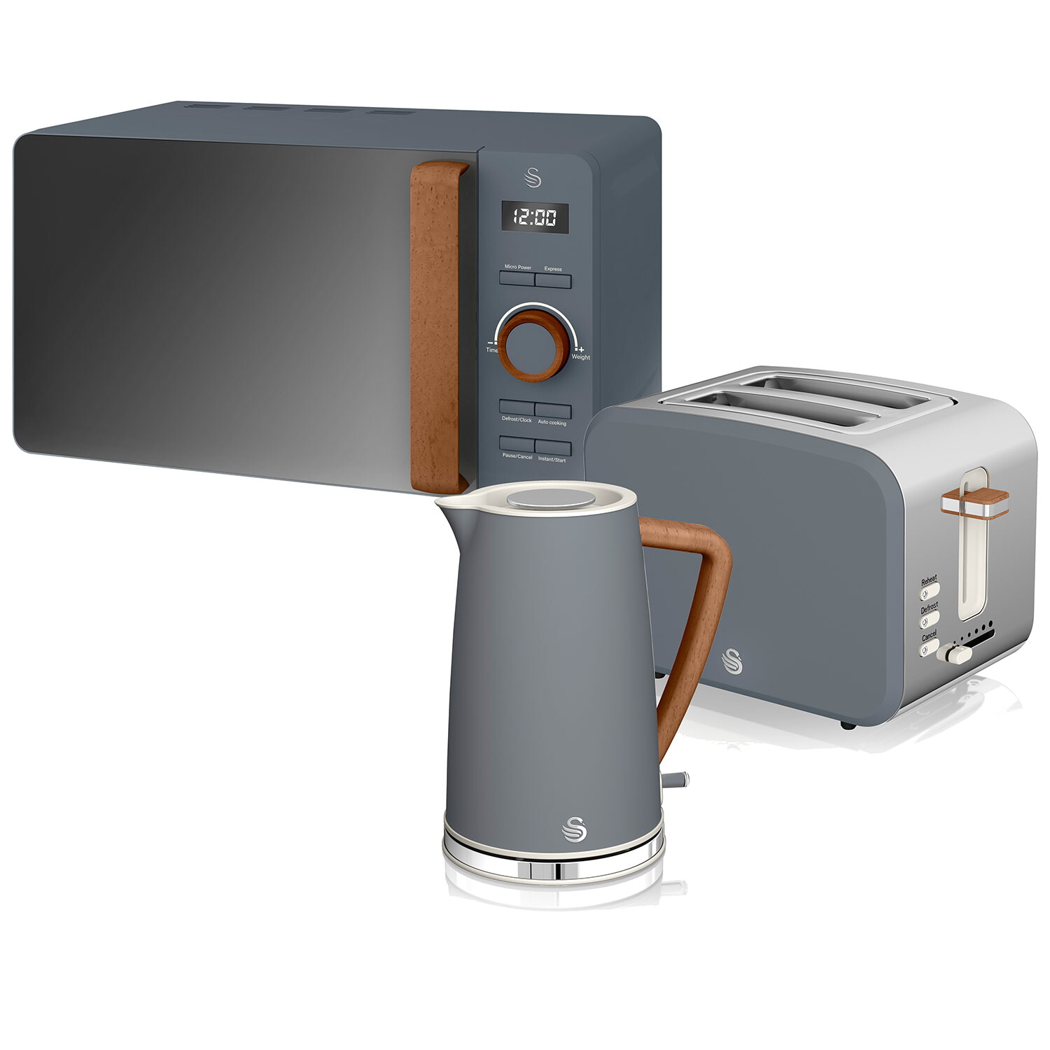 Set Desayuno - SWAN STRP1060GRYNEU, Nordic Set Desayuno, Hervidor Agua 1,7L, Tostadora 2 rebanadas, Microondas 20L Digi, 2200 W, 2 ranuras, 2 rebanadas, Gris