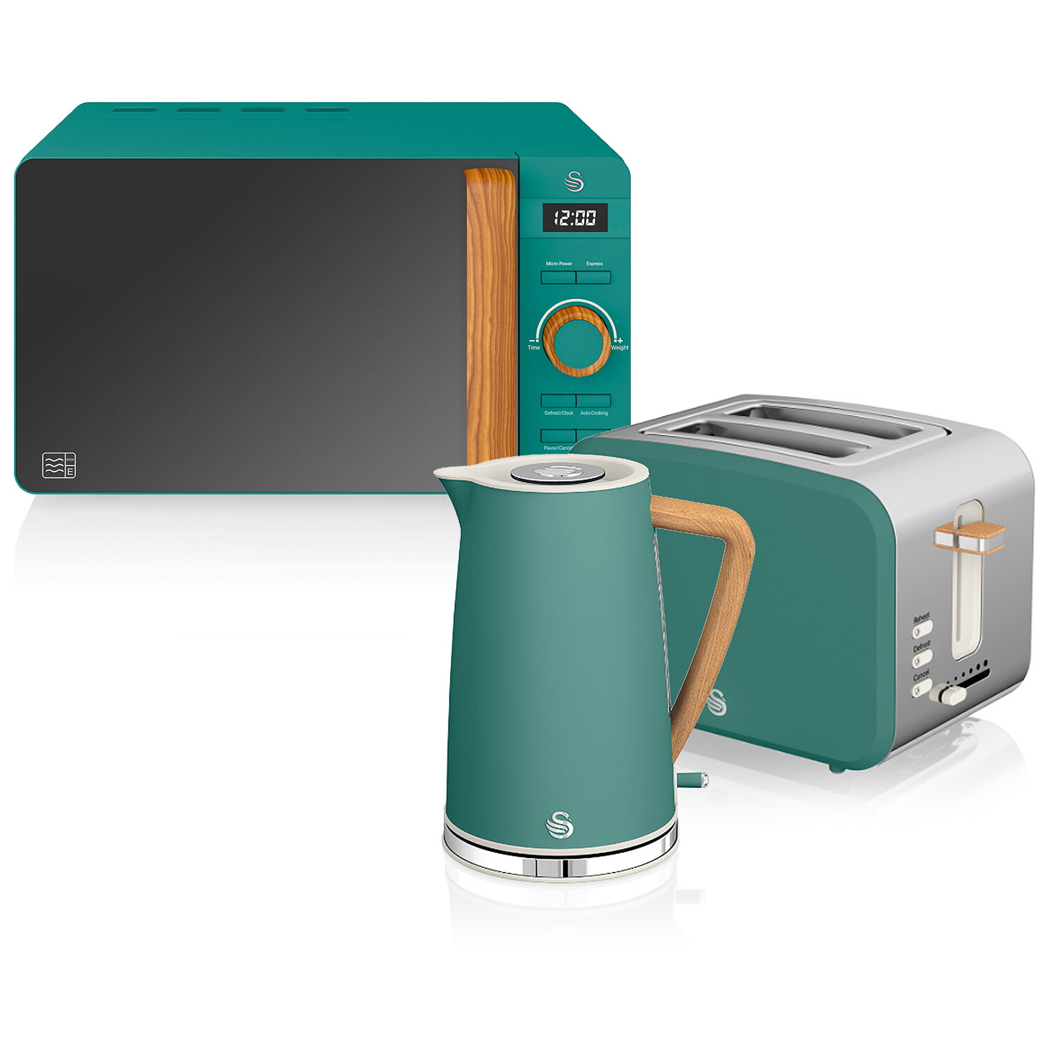 Set Desayuno - SWAN STRP1060GRENEU, Nordic Set Desayuno, Hervidor Agua 1,7L, Tostadora 2 rebanadas, Microondas 20L Digi, 2200 W, 2 ranuras, 2 rebanadas, Verde