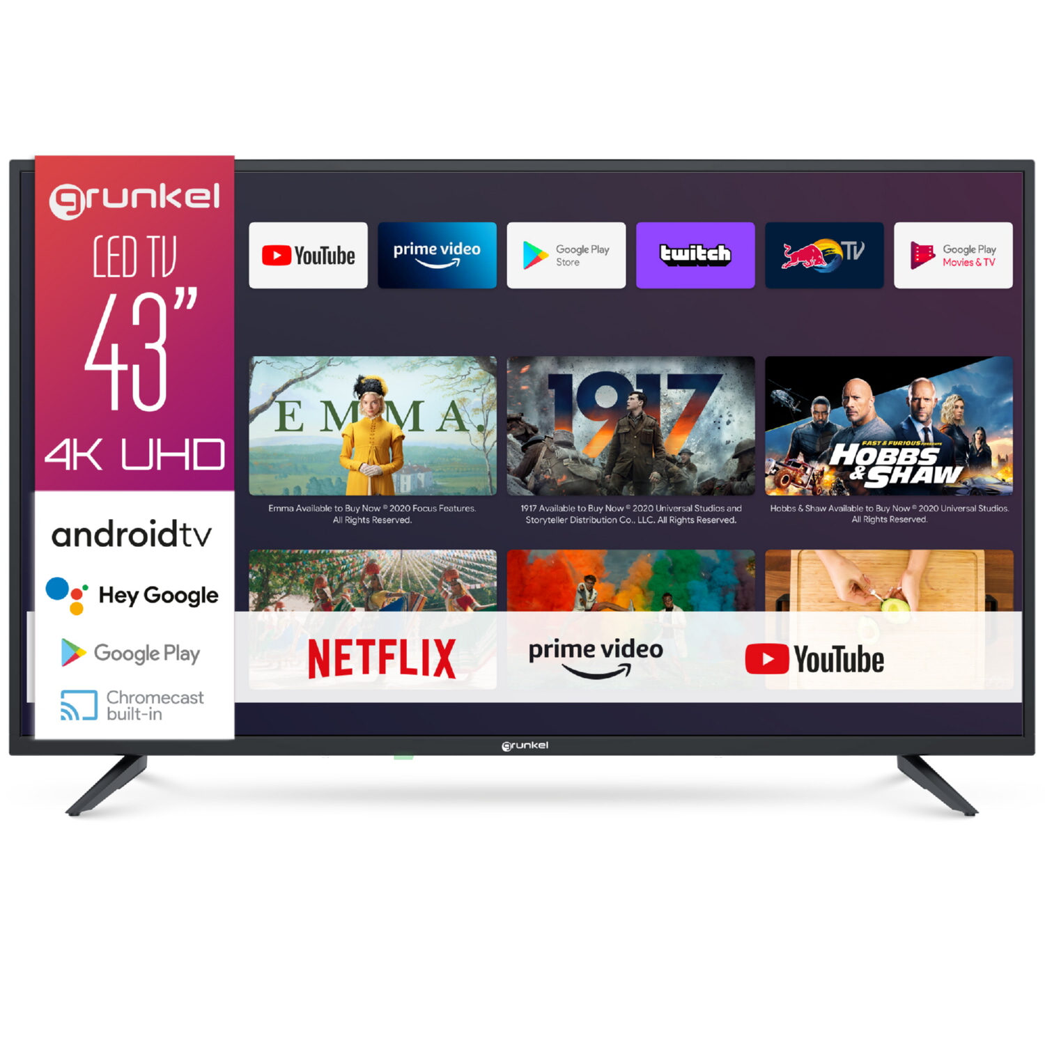 TV LED 43' - GRUNKEL LED4322GOO ANDROID 4K, UHD 4K, Smart TV, Negro