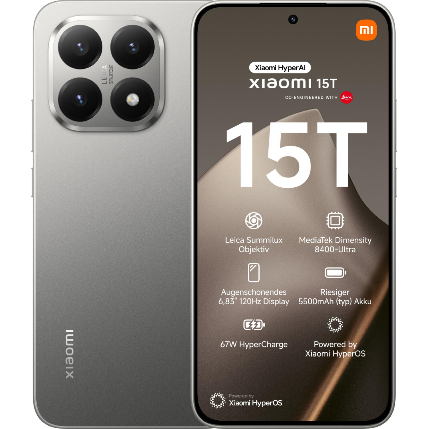 XIAOMI 15T 6.83P/5G/8N/12+256GB/G, Gray, Móvil Android, 256 GB, 12 GB RAM, 6,83 ' AMOLED WQHD+ Eye Care, MediaTek Dimensity 8400-Ultra, 5550 mAh